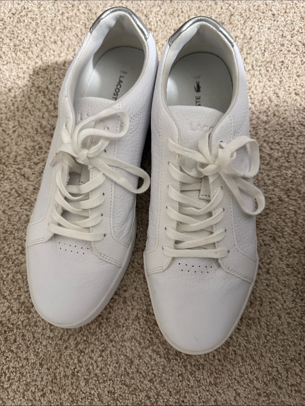 Worn Once Lacoste White Leather Low-Top Sneakers with Silver Heel Accent
